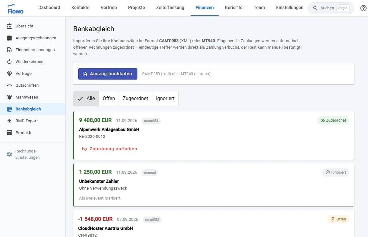 Bankabgleich mit importierten CAMT.053-Umsätzen, automatisch zugeordneten Zahlungen und offenen Posten