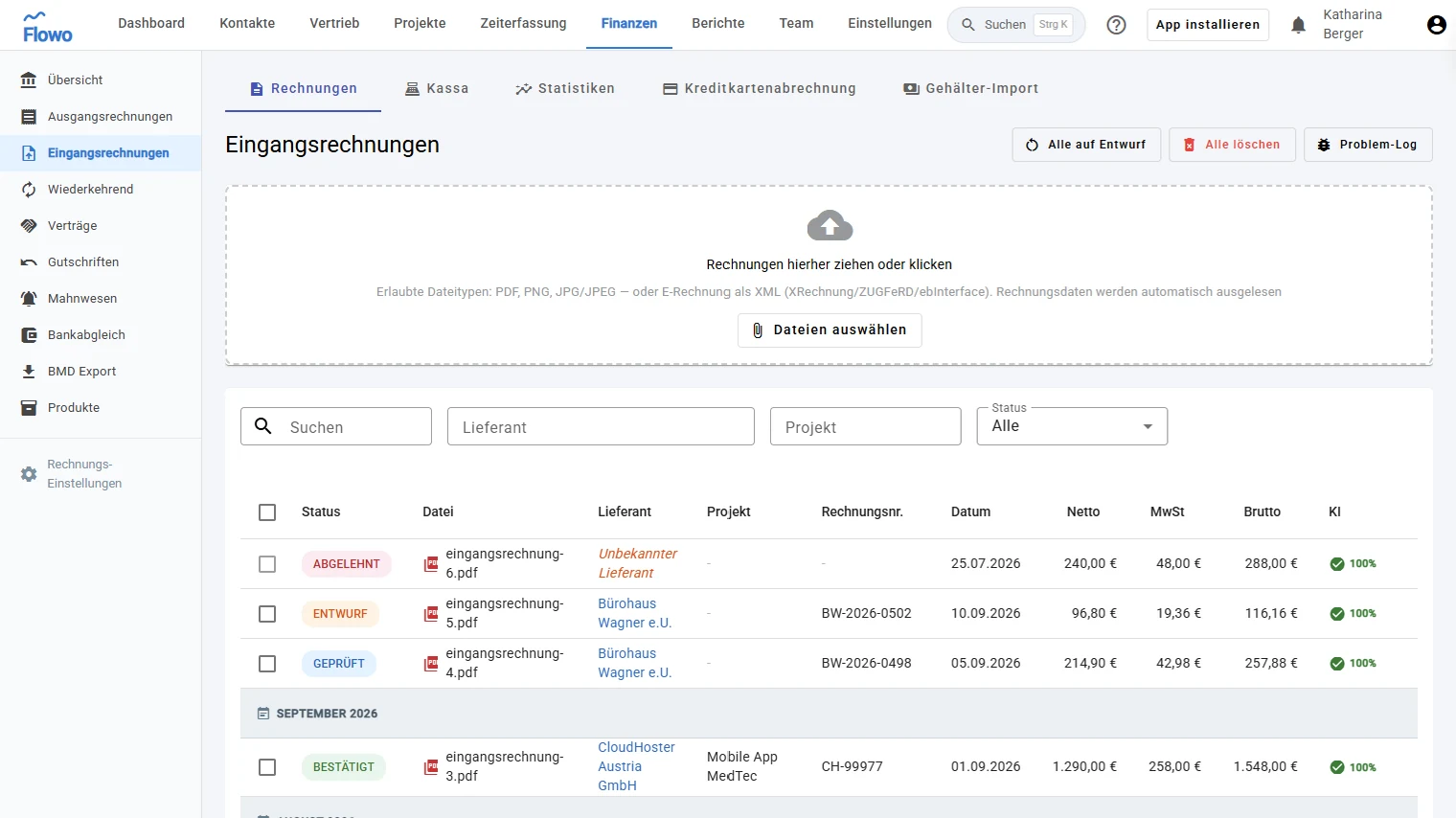 Eingangsrechnungen mit automatischer Belegerkennung und E-Rechnungs-Upload