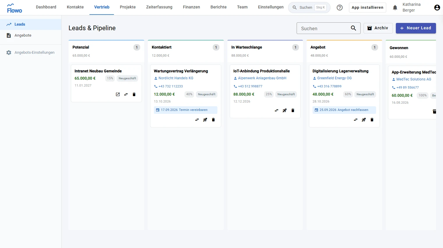 Lead-Pipeline als Kanban-Board mit Phasen, Werten und Wiedervorlagen